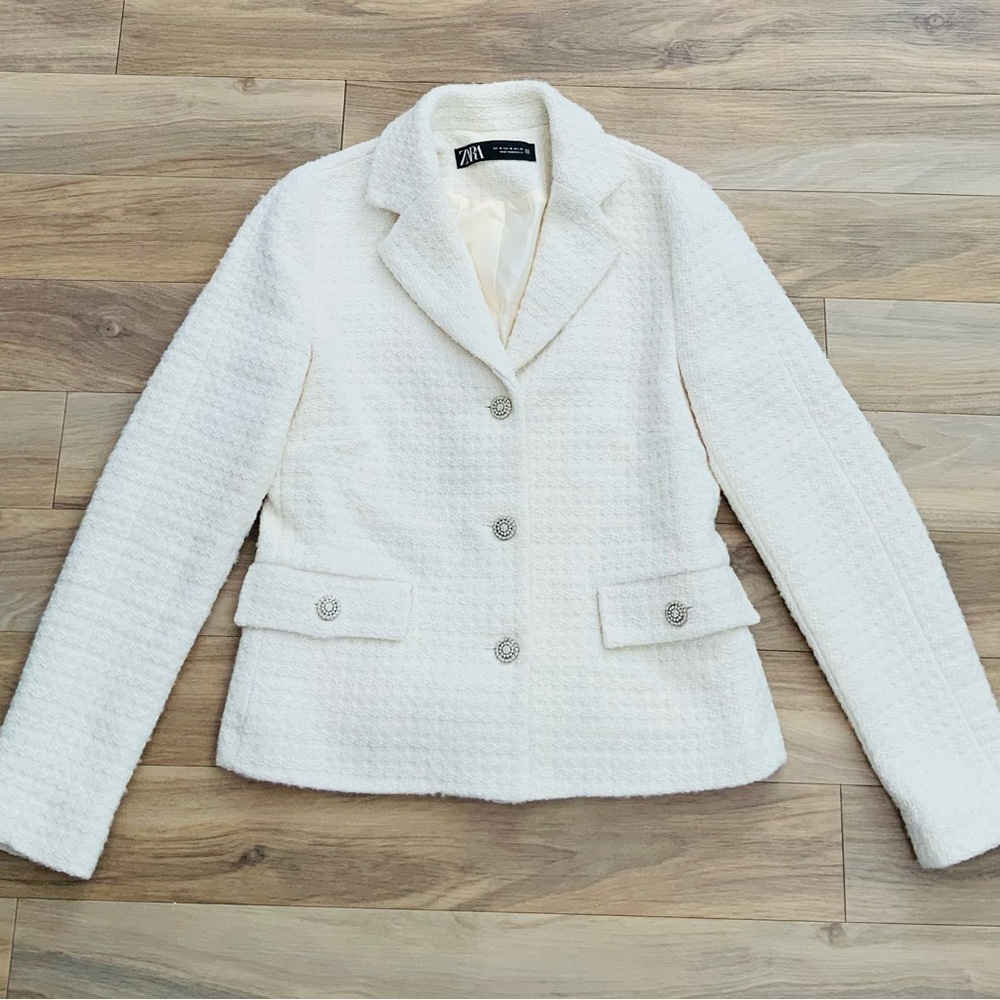 Zara Wool Blend Jewel/Gold Button Textured Blazer Ivory - Picture 6 of 12